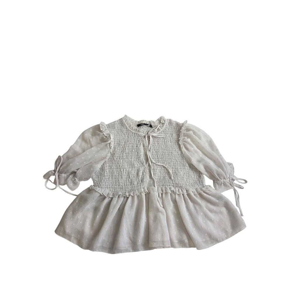 ZARA White Peplum Smocked Lace Ruffled Top Small Coquette Fairy